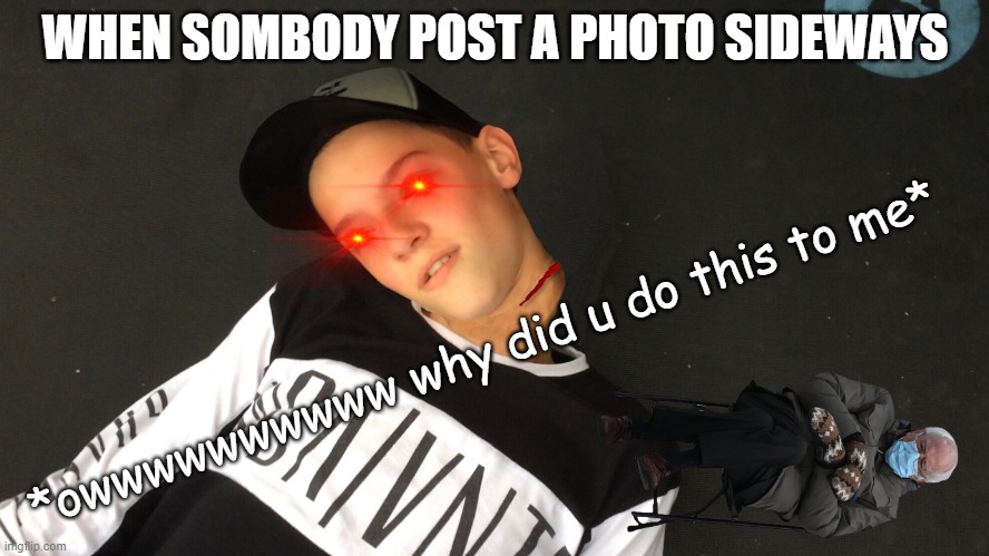 when sombody post a photo sideways | WHEN SOMBODY POST A PHOTO SIDEWAYS; *owwwwwwwwww why did u do this to me* | image tagged in funny memes | made w/ Imgflip meme maker