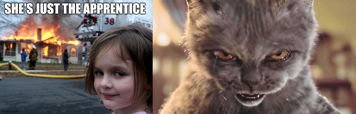 SHE'S JUST THE APPRENTICE | image tagged in memes,disaster girl,evil cat | made w/ Imgflip meme maker