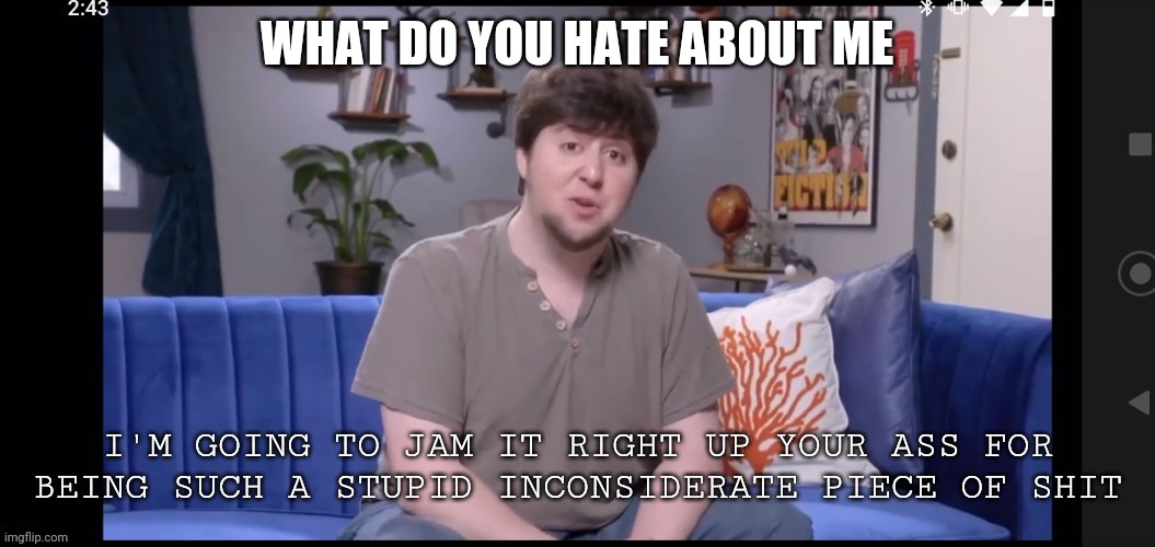 I'm going to jam it right up your ass | WHAT DO YOU HATE ABOUT ME | image tagged in i'm going to jam it right up your ass | made w/ Imgflip meme maker