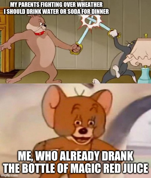 Tom and Jerry swordfight |  MY PARENTS FIGHTING OVER WHEATHER I SHOULD DRINK WATER OR SODA FOR DINNER; ME, WHO ALREADY DRANK THE BOTTLE OF MAGIC RED JUICE | image tagged in tom and jerry swordfight | made w/ Imgflip meme maker