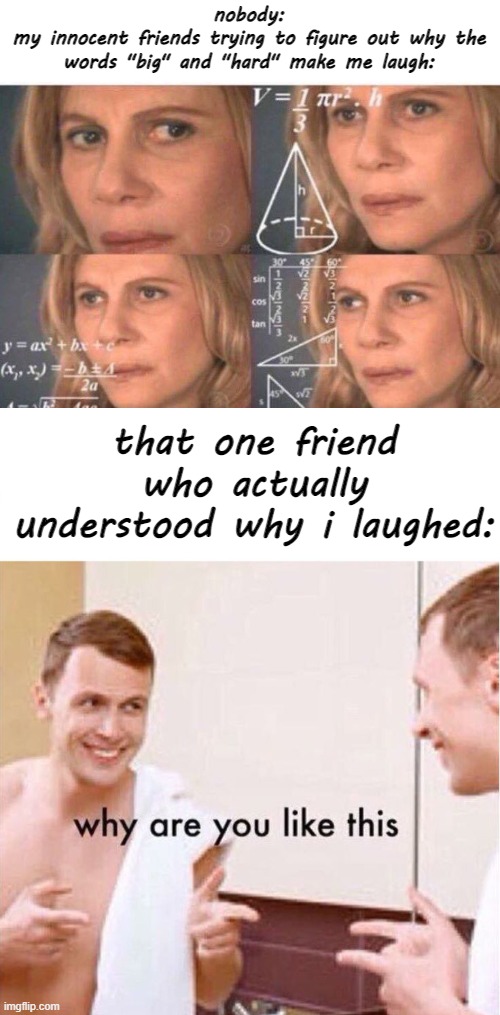 *WHEEZE* | nobody:
my innocent friends trying to figure out why the words "big" and "hard" make me laugh:; that one friend who actually understood why i laughed: | image tagged in math lady/confused lady,why are you like this | made w/ Imgflip meme maker