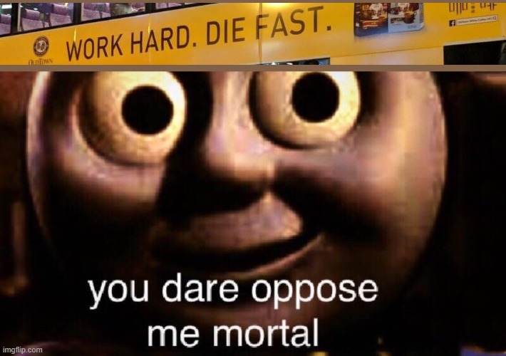 Work hard, die fast | image tagged in you dare oppose me mortal,memes | made w/ Imgflip meme maker