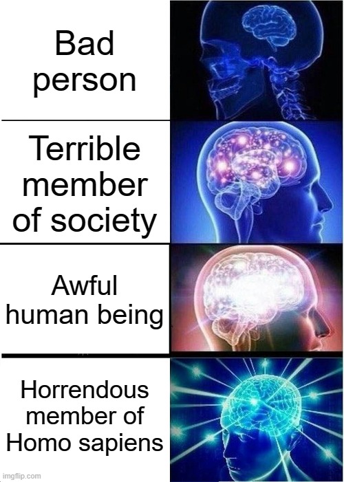 Yes | Bad person; Terrible member of society; Awful human being; Horrendous member of Homo sapiens | image tagged in memes,expanding brain | made w/ Imgflip meme maker