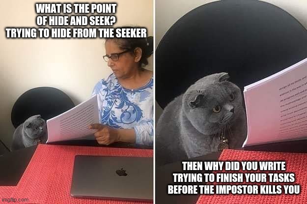 Woman showing paper to cat | WHAT IS THE POINT OF HIDE AND SEEK?
TRYING TO HIDE FROM THE SEEKER; THEN WHY DID YOU WRITE TRYING TO FINISH YOUR TASKS BEFORE THE IMPOSTOR KILLS YOU | image tagged in woman showing paper to cat | made w/ Imgflip meme maker