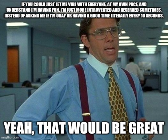 Just trying to have a good time | IF YOU COULD JUST LET ME VIBE WITH EVERYONE, AT MY OWN PACE, AND UNDERSTAND I'M HAVING FUN, I'M JUST MORE INTROVERTED AND RESERVED SOMETIMES, INSTEAD OF ASKING ME IF I'M OKAY OR HAVING A GOOD TIME LITERALLY EVERY 10 SECONDS. YEAH, THAT WOULD BE GREAT | image tagged in memes,that would be great | made w/ Imgflip meme maker