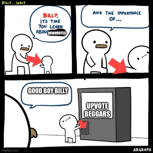 Good boy Billy | DOWNVOTES; GOOD BOY BILLY; UPVOTE BEGGARS | image tagged in billy wait | made w/ Imgflip meme maker