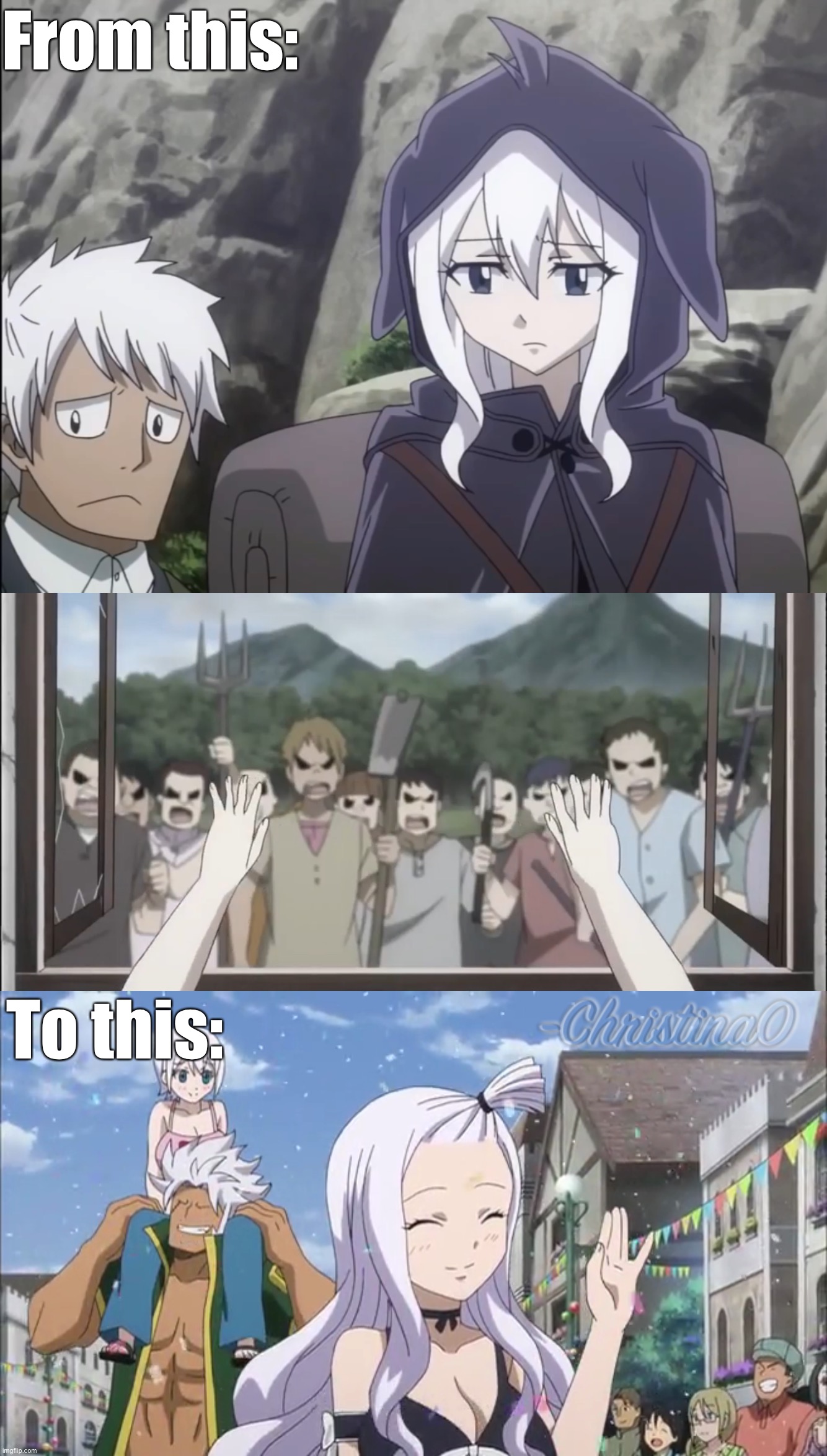 Strauss Family Fairy Tail | From this:; To this: | image tagged in mirajane strauss,lisanna strauss,elfman strauss,fairy tail,fairy tail guild,fairy tail meme | made w/ Imgflip meme maker