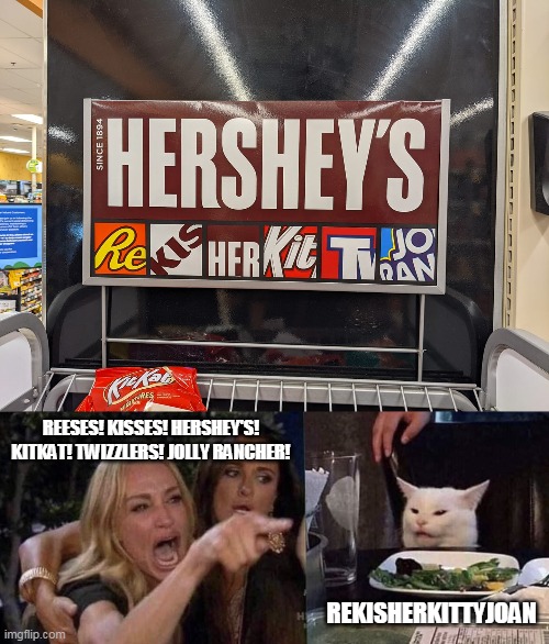 REESES! KISSES! HERSHEY'S! KITKAT! TWIZZLERS! JOLLY RANCHER! REKISHERKITTYJOAN | image tagged in woman yelling at cat | made w/ Imgflip meme maker