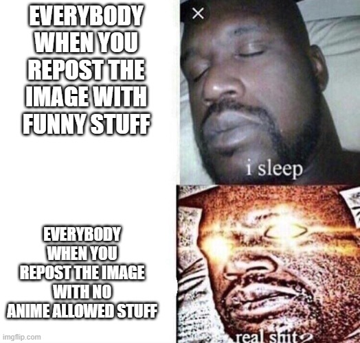 it do be true tho | EVERYBODY WHEN YOU REPOST THE IMAGE WITH FUNNY STUFF; EVERYBODY WHEN YOU REPOST THE IMAGE WITH NO ANIME ALLOWED STUFF | image tagged in i sleep real shit,anime,true story,repost,no anime allowed,funny | made w/ Imgflip meme maker