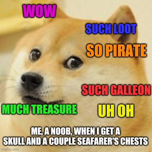 wow doge | WOW; SUCH LOOT; SO PIRATE; SUCH GALLEON; UH OH; MUCH TREASURE; ME, A NOOB, WHEN I GET A SKULL AND A COUPLE SEAFARER'S CHESTS | image tagged in wow doge | made w/ Imgflip meme maker