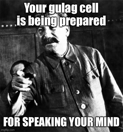 Stalin | Your gulag cell is being prepared FOR SPEAKING YOUR MIND | image tagged in stalin | made w/ Imgflip meme maker