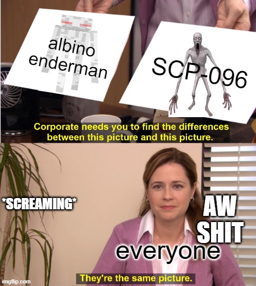 They're The Same Picture | albino enderman; SCP-096; *SCREAMING*; AW SHIT; everyone | image tagged in memes,they're the same picture | made w/ Imgflip meme maker