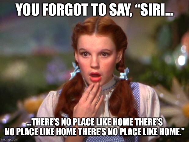 Dorothy | YOU FORGOT TO SAY, “SIRI... ...THERE’S NO PLACE LIKE HOME THERE’S NO PLACE LIKE HOME THERE’S NO PLACE LIKE HOME.” | image tagged in dorothy | made w/ Imgflip meme maker
