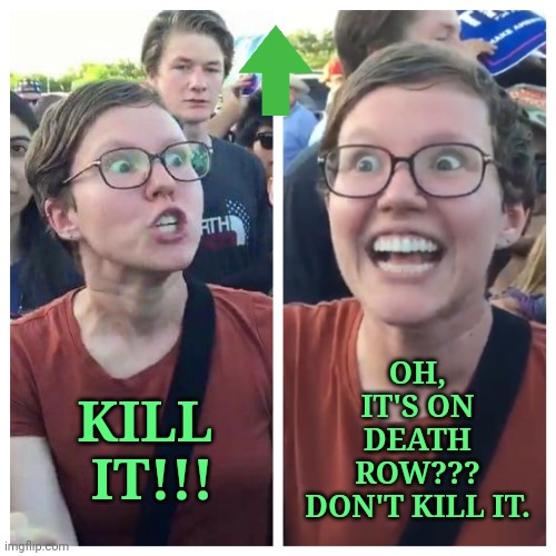 Social Justice Warrior Hypocrisy | KILL
 IT!!! OH, IT'S ON DEATH ROW???
DON'T KILL IT. | image tagged in social justice warrior hypocrisy | made w/ Imgflip meme maker