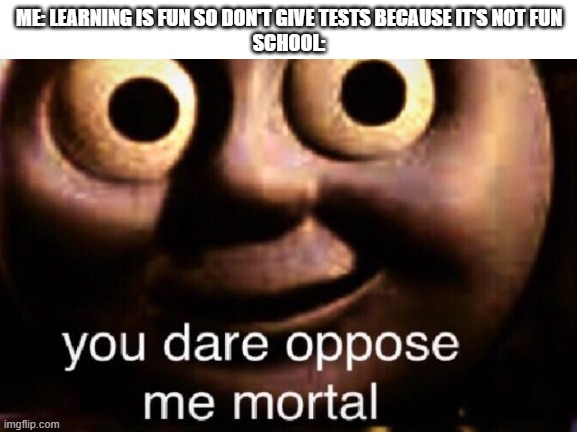 ME: LEARNING IS FUN SO DON'T GIVE TESTS BECAUSE IT'S NOT FUN
SCHOOL: | image tagged in you dare oppose me mortal | made w/ Imgflip meme maker