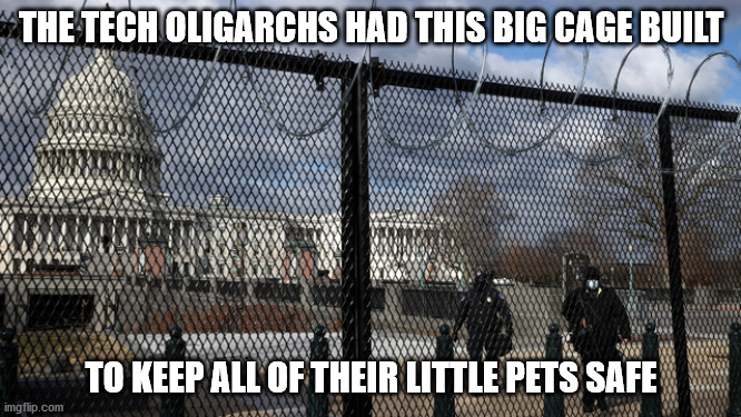 Bought and paid for | THE TECH OLIGARCHS HAD THIS BIG CAGE BUILT; TO KEEP ALL OF THEIR LITTLE PETS SAFE | image tagged in sold out | made w/ Imgflip meme maker