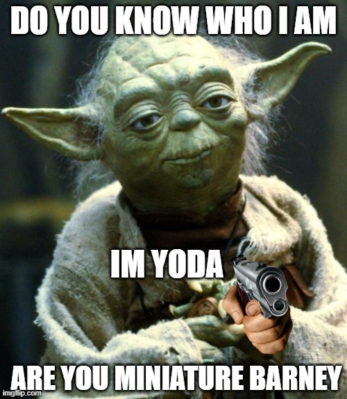 Yoda boi | DO YOU KNOW WHO I AM; IM YODA; ARE YOU MINIATURE BARNEY | image tagged in memes,star wars yoda | made w/ Imgflip meme maker