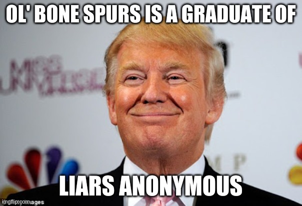Donald trump approves | OL' BONE SPURS IS A GRADUATE OF LIARS ANONYMOUS | image tagged in donald trump approves | made w/ Imgflip meme maker