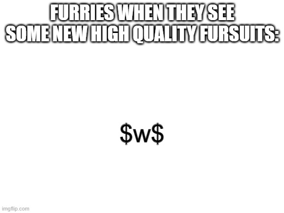 Hopefully this makes sense | FURRIES WHEN THEY SEE SOME NEW HIGH QUALITY FURSUITS:; $w$ | image tagged in blank white template,furry | made w/ Imgflip meme maker