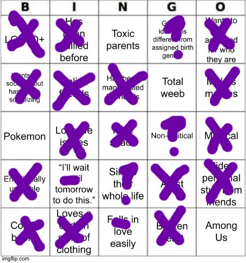 The stuff with crosses is what I am! | image tagged in jer-sama's bingo | made w/ Imgflip meme maker