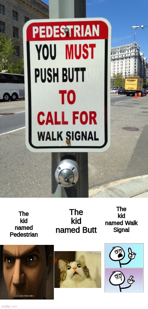 um | The kid named Pedestrian; The kid named Butt; The kid named Walk Signal | image tagged in funny signs | made w/ Imgflip meme maker
