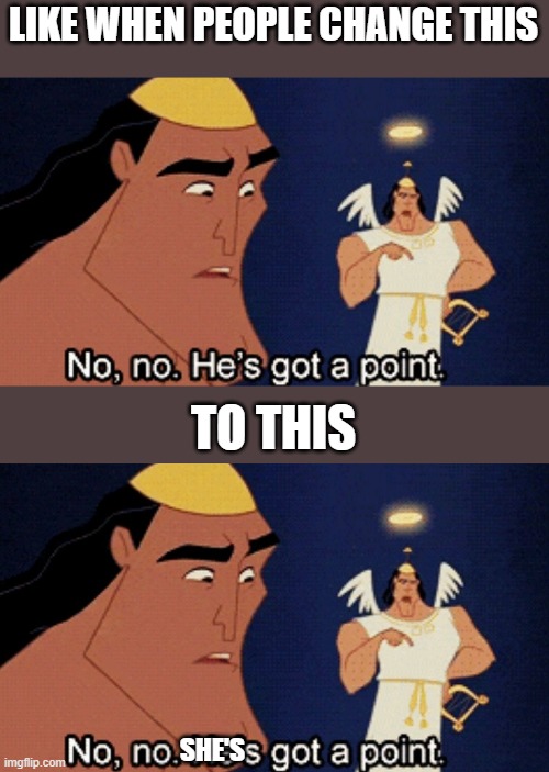 LIKE WHEN PEOPLE CHANGE THIS TO THIS SHE'S | image tagged in no he has a point | made w/ Imgflip meme maker