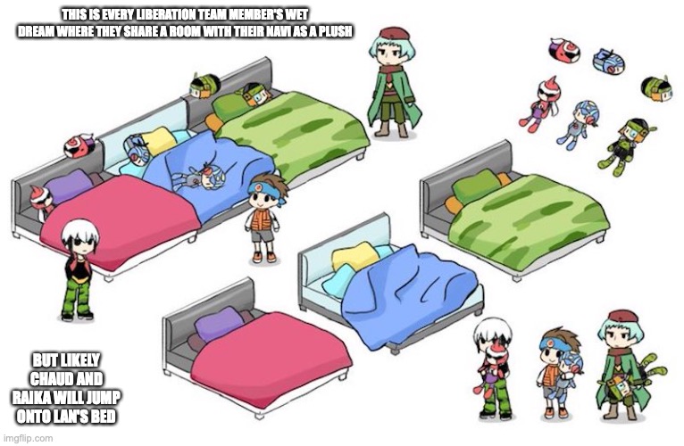 Liberation Team Bedroom | THIS IS EVERY LIBERATION TEAM MEMBER'S WET DREAM WHERE THEY SHARE A ROOM WITH THEIR NAVI AS A PLUSH; BUT LIKELY CHAUD AND RAIKA WILL JUMP ONTO LAN'S BED | image tagged in megaman,megaman battle network,memes | made w/ Imgflip meme maker