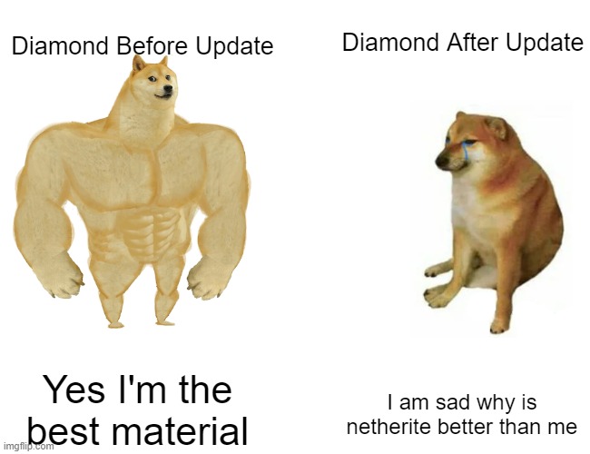 Diamond | Diamond After Update; Diamond Before Update; Yes I'm the best material; I am sad why is netherite better than me | image tagged in memes | made w/ Imgflip meme maker