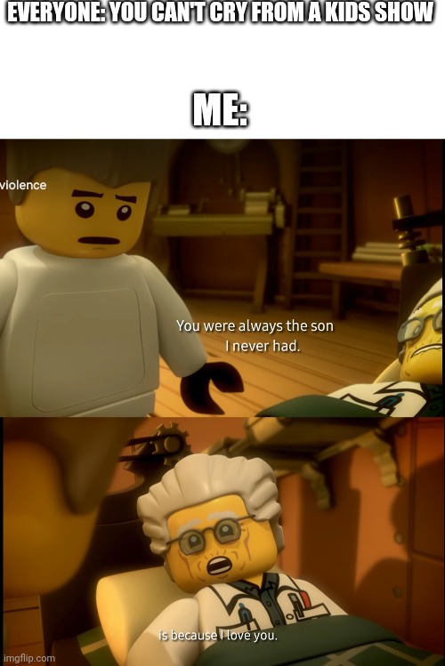 This series has so much story and lore. | EVERYONE: YOU CAN'T CRY FROM A KIDS SHOW; ME: | image tagged in lego,ninjago | made w/ Imgflip meme maker