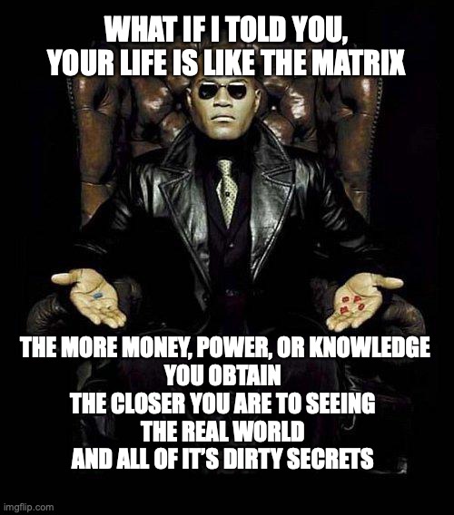 The Real World |  WHAT IF I TOLD YOU, YOUR LIFE IS LIKE THE MATRIX; THE MORE MONEY, POWER, OR KNOWLEDGE
YOU OBTAIN 
THE CLOSER YOU ARE TO SEEING 
THE REAL WORLD 
AND ALL OF IT’S DIRTY SECRETS | image tagged in morpheus blue red pill,reality,knowledge is power,power,money,knowledge | made w/ Imgflip meme maker