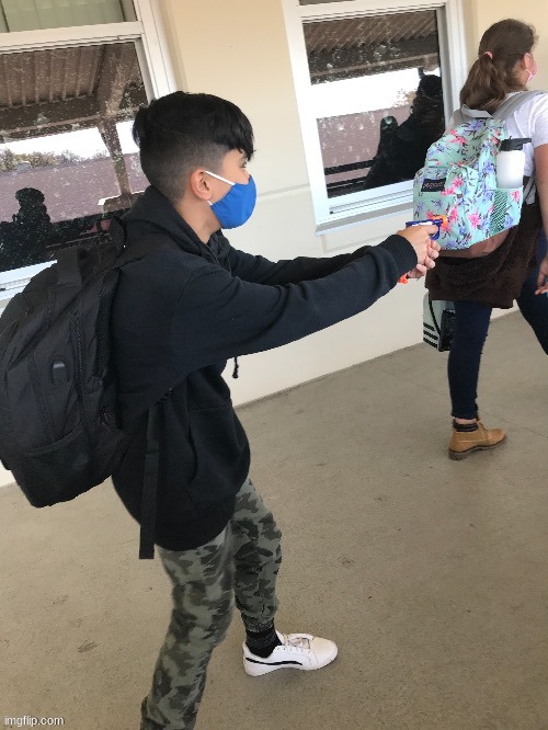 Low budget school shooting | image tagged in low budget school shooting | made w/ Imgflip meme maker