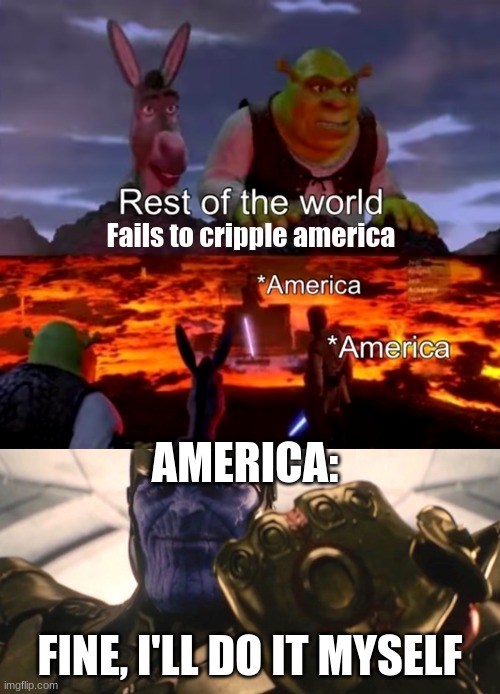 Ambitious cross-over? Yes, yes it is | Fails to cripple america; AMERICA:; FINE, I'LL DO IT MYSELF | image tagged in fine i'll do it myself,shrek,donkey from shrek,you were the chosen one star wars | made w/ Imgflip meme maker