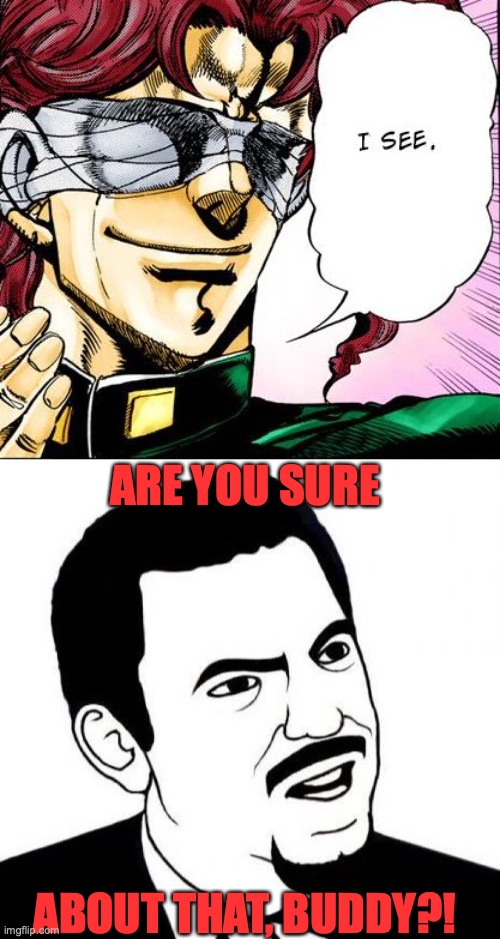 Yet ANOTHER low-quality jjba meme for y'all | ARE YOU SURE; ABOUT THAT, BUDDY?! | image tagged in blind kakyoin 2,memes,seriously face,jojo's bizarre adventure | made w/ Imgflip meme maker