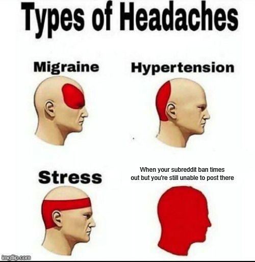 If I'm unbanned, than act like it | When your subreddit ban times out but you're still unable to post there | image tagged in types of headaches meme,reddit | made w/ Imgflip meme maker