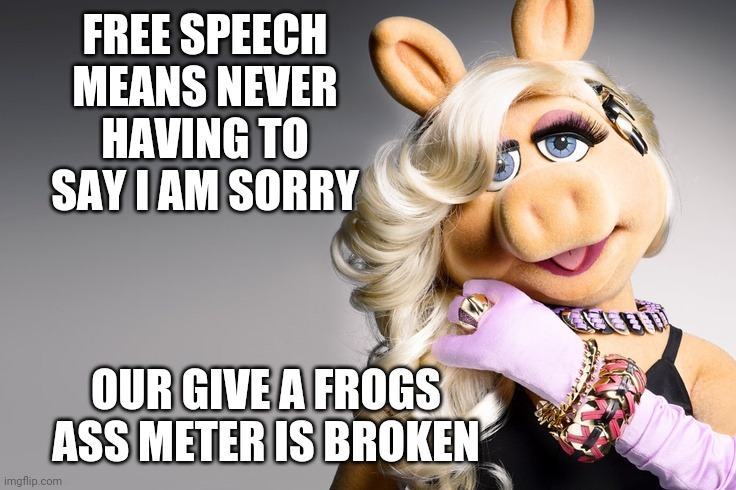 MS Piggy | FREE SPEECH MEANS NEVER HAVING TO SAY I AM SORRY OUR GIVE A FROGS ASS METER IS BROKEN | image tagged in ms piggy | made w/ Imgflip meme maker