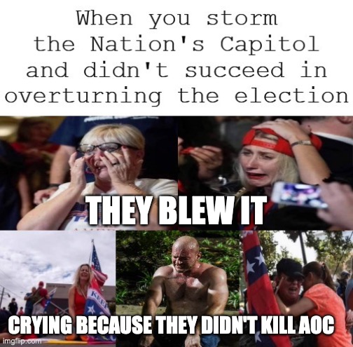 Trump Supporters Storming Capitol Sad Couldn't Overturn Election | CRYING BECAUSE THEY DIDN'T KILL AOC THEY BLEW IT | image tagged in trump supporters storming capitol sad couldn't overturn election | made w/ Imgflip meme maker