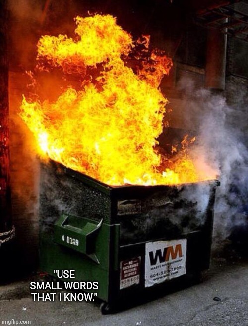 Dumpster Fire | "USE SMALL WORDS THAT I KNOW." | image tagged in dumpster fire | made w/ Imgflip meme maker