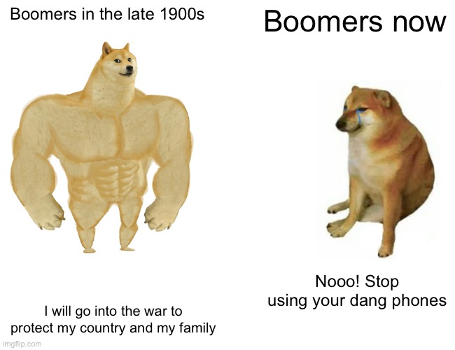Buff Doge vs. Cheems Meme | Boomers in the late 1900s; Boomers now; Nooo! Stop using your dang phones; I will go into the war to protect my country and my family | image tagged in memes,buff doge vs cheems | made w/ Imgflip meme maker