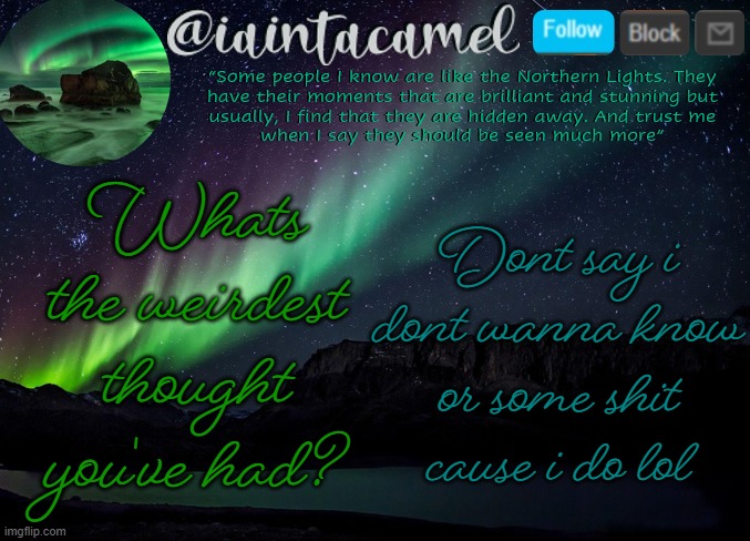 iaintacamel | Whats the weirdest thought you've had? Dont say i dont wanna know or some shit cause i do lol | image tagged in iaintacamel | made w/ Imgflip meme maker