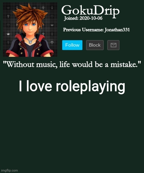 Jonathan's annoucement template but sora | I love roleplaying | image tagged in jonathan's annoucement template but sora | made w/ Imgflip meme maker