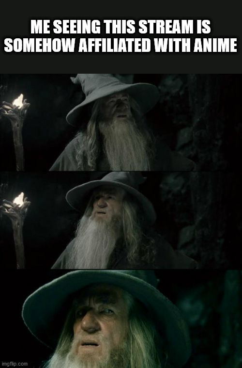 Confused Gandalf Meme | ME SEEING THIS STREAM IS SOMEHOW AFFILIATED WITH ANIME | image tagged in memes,confused gandalf | made w/ Imgflip meme maker