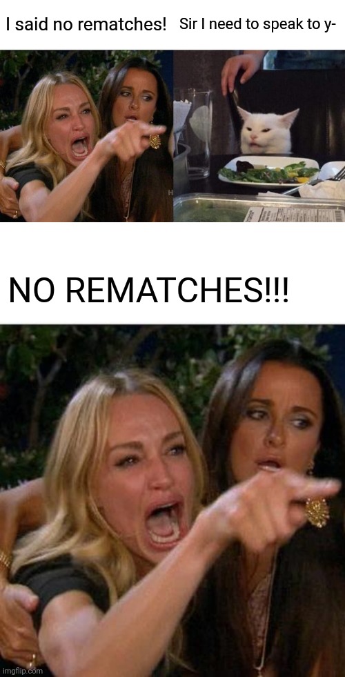 I said no rematches! Sir I need to speak to y- NO REMATCHES!!! | image tagged in memes,woman yelling at cat | made w/ Imgflip meme maker