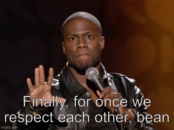 kevin hart | Finally, for once we respect each other, bean | image tagged in kevin hart | made w/ Imgflip meme maker