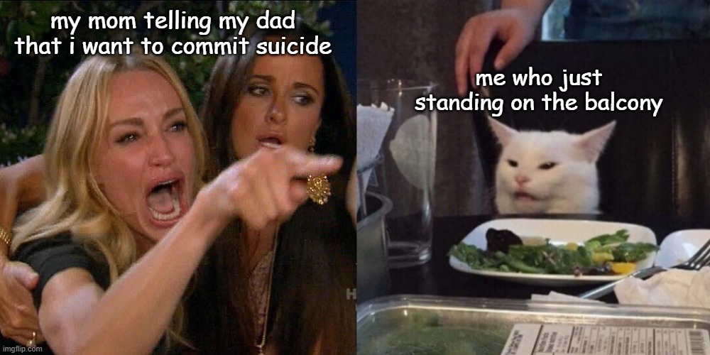 Woman yelling at cat | my mom telling my dad that i want to commit suicide me who just standing on the balcony | image tagged in woman yelling at cat | made w/ Imgflip meme maker