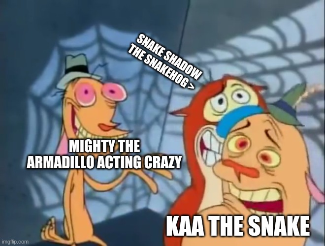 mighty the armadillo is CRAZY! | SNAKE SHADOW THE SNAKEHOG >; MIGHTY THE ARMADILLO ACTING CRAZY; KAA THE SNAKE | image tagged in ren and stimpy but first | made w/ Imgflip meme maker