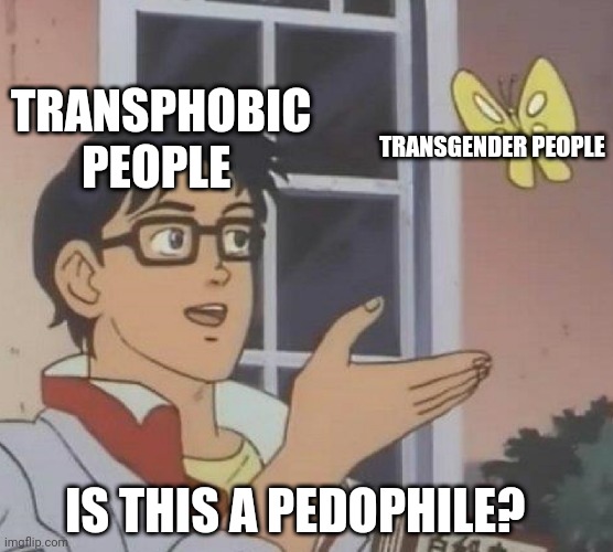 Trans rights | TRANSPHOBIC PEOPLE; TRANSGENDER PEOPLE; IS THIS A PEDOPHILE? | image tagged in memes,is this a pigeon | made w/ Imgflip meme maker