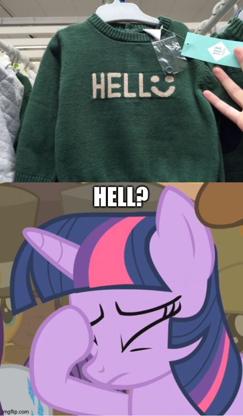 Ay yi yi... | HELL? | image tagged in mlp twilight sparkle facehoof,memes,funny,you had one job,hell | made w/ Imgflip meme maker