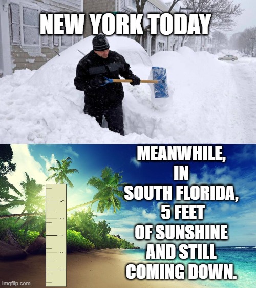 Florida vs New York | NEW YORK TODAY; MEANWHILE, IN SOUTH FLORIDA,  5 FEET OF SUNSHINE AND STILL COMING DOWN. | image tagged in florida shooting | made w/ Imgflip meme maker