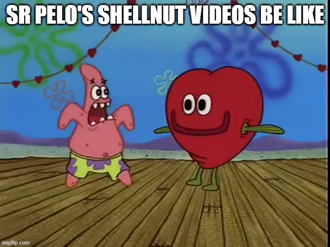 Spongebob Squarepants in a Shellnut | SR PELO'S SHELLNUT VIDEOS BE LIKE | image tagged in patrick vs heart | made w/ Imgflip meme maker