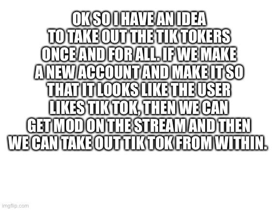Is this a good idea? | OK SO I HAVE AN IDEA TO TAKE OUT THE TIK TOKERS ONCE AND FOR ALL. IF WE MAKE A NEW ACCOUNT AND MAKE IT SO THAT IT LOOKS LIKE THE USER LIKES TIK TOK, THEN WE CAN GET MOD ON THE STREAM AND THEN WE CAN TAKE OUT TIK TOK FROM WITHIN. | image tagged in blank white template | made w/ Imgflip meme maker